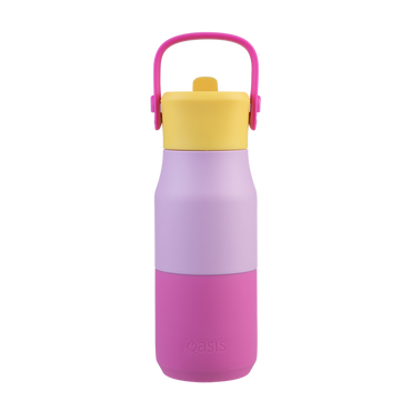 Oasis Insulated Jnr Drink Bottle 400ml bubblegum pink colour with a handle on a white background