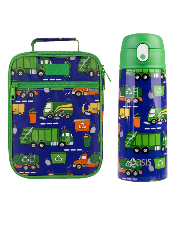 Sachi Insulated Lunch Bag and Bottle Bundle - Garbage Trucks - BentoBliss