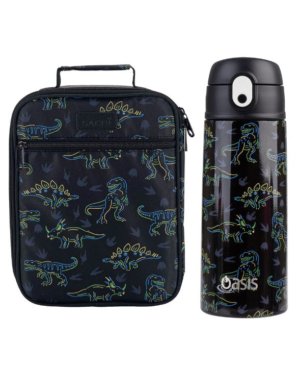 Sachi Insulated Lunch Bag and Bottle Bundle - Neon Dinosaur - BentoBliss